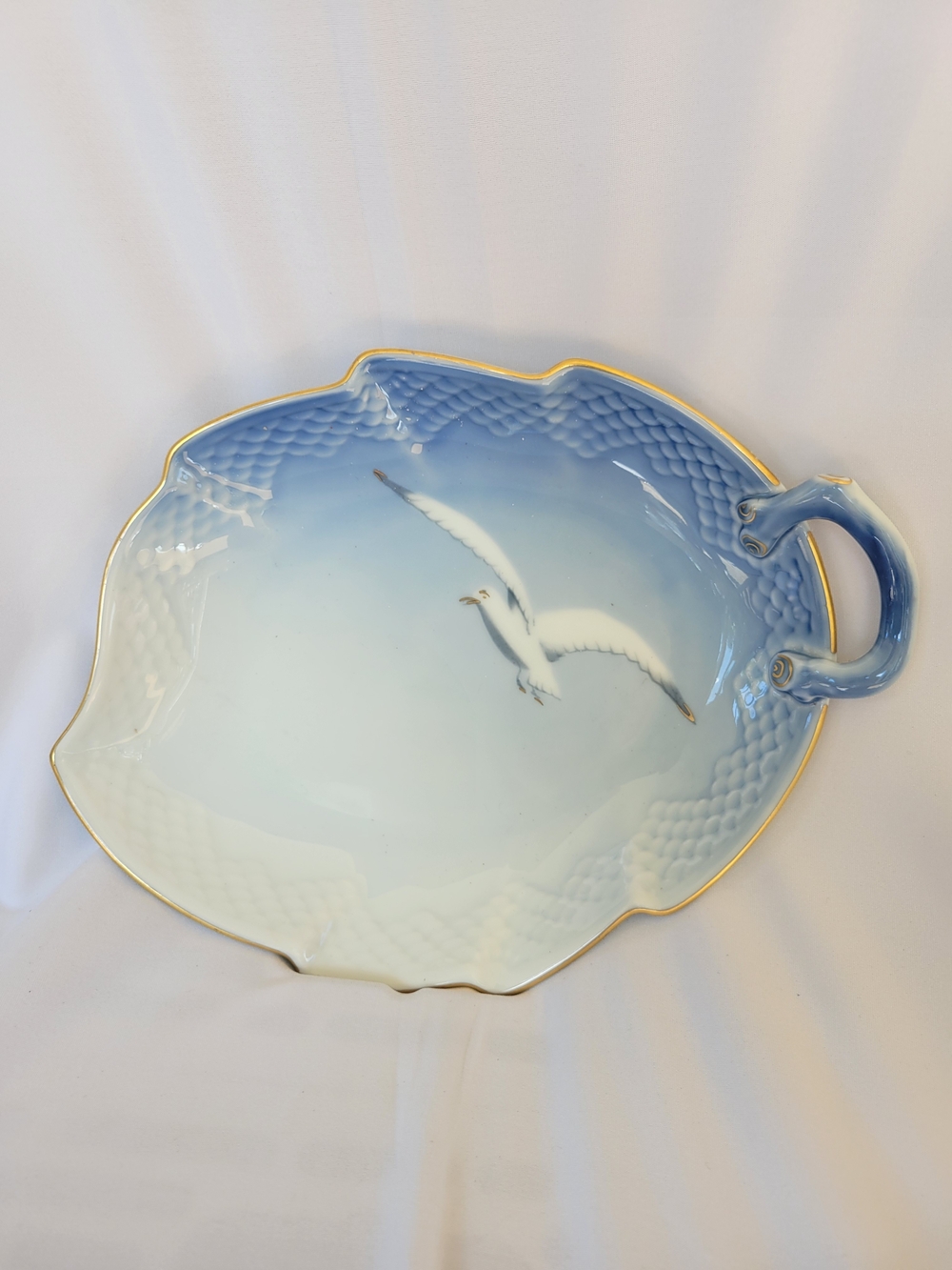 Porcelain Seagull Accent Serving Tray in Blue and White with Gold Trim